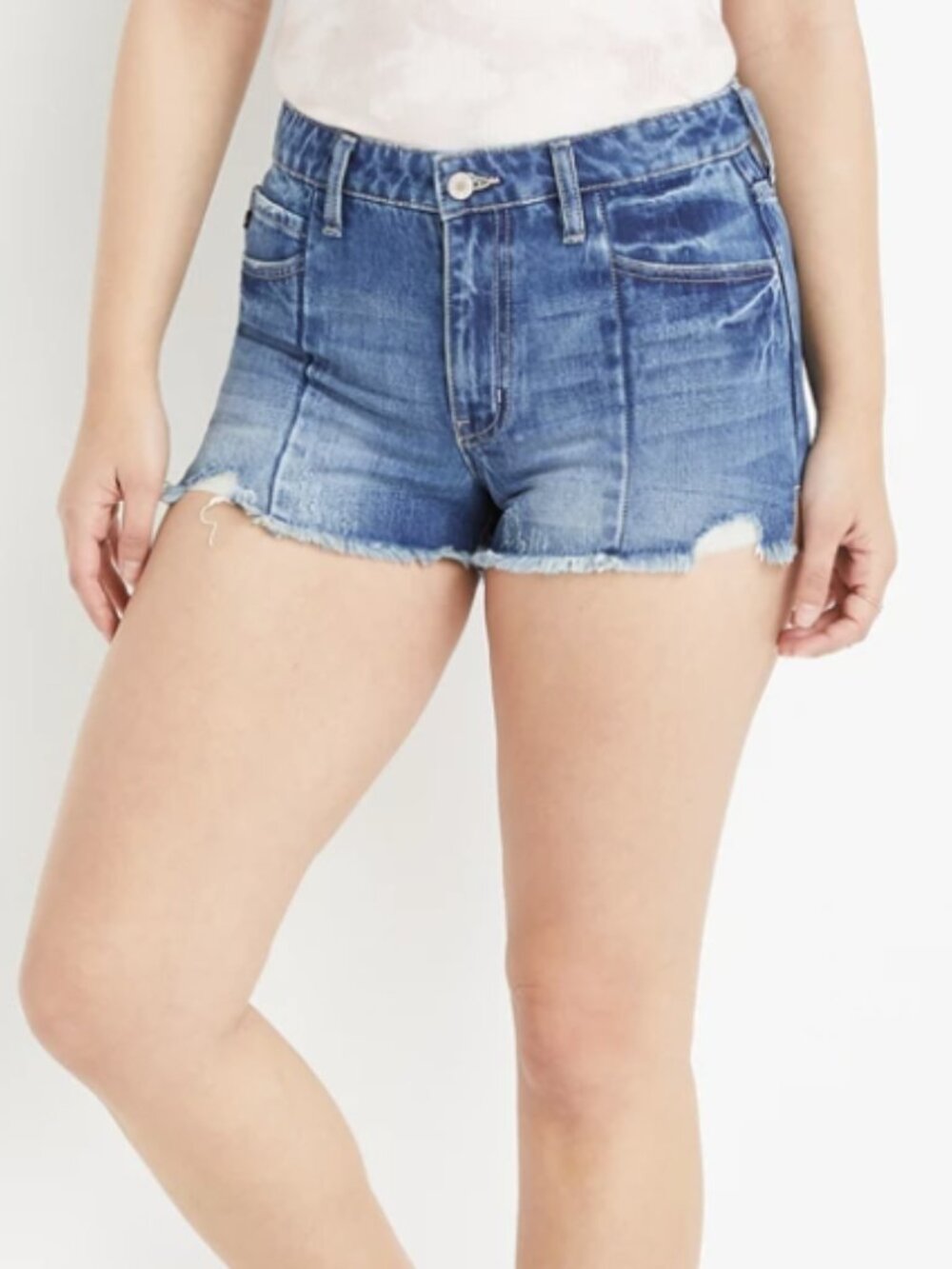 Kancan EUC size 28 high rise seam detail distressed denim jean shorts